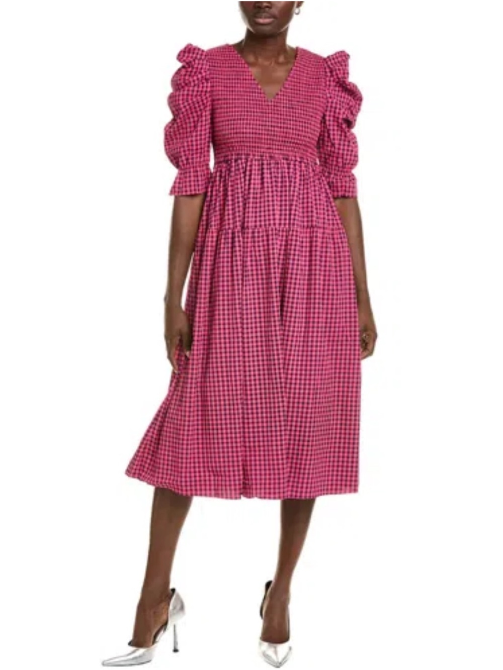 OPT CAARA Toba Gingham Puff Sleeve V- Neck Smocked Ruffle Hem Dress, Size XS
